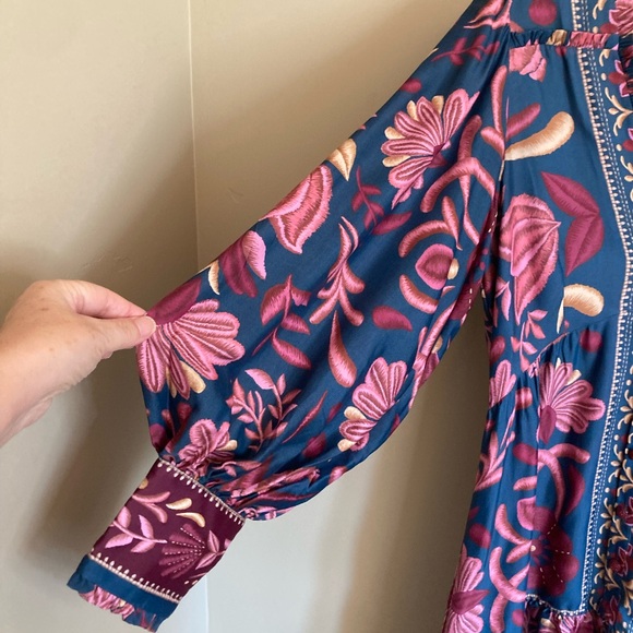 NEW FARM Rio Seashell Tapestry Teal Long Sleeve Mini Dress Floral Beaded Size M - Picture 10 of 16